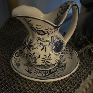 Floral Blue and White Ceramic Pitcher and Saucer Set